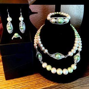 OOAK Handcrafted Wire Wrapped, Green Pearl, Silvertone Herringbone Jewelry Sets